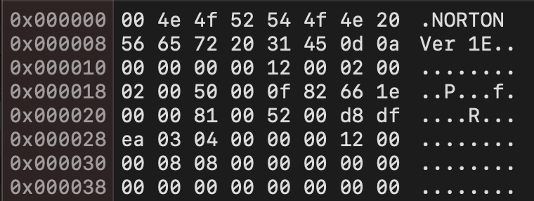 The first bytes of a backup file, including the string NORTON Ver 1E