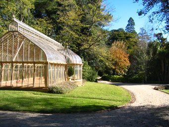 An ornate iron-framed glasshouse with a backdrop of trees